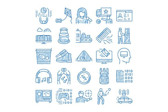 Collection of Hand Drawn Blue Doodle Ske